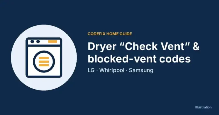 Illustration of a dryer icon with the title Dryer Check Vent and blocked-vent codes