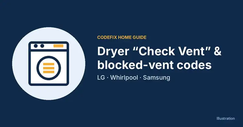 Illustration of a dryer icon with the title Dryer Check Vent and blocked-vent codes